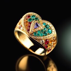 Bright colorful gold ring in the shape of a heart. AI generative.