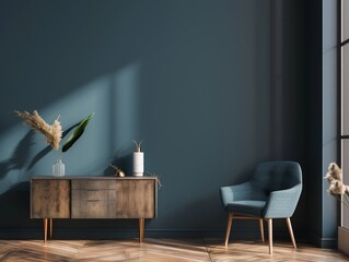 A blue chair sits in front of a wooden cabinet. The room is decorated in a modern style with a blue wall and a wooden floor