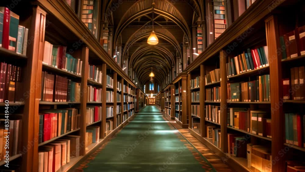Poster a long library filled with rows of numerous books, a library with rows of books stretching as far as