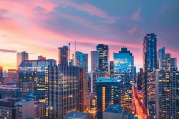 Fototapeta premium Vibrant City Skyline at Dusk with Illuminated Buildings Showcasing Urban Energy - Perfect for Posters, Prints, and Designs
