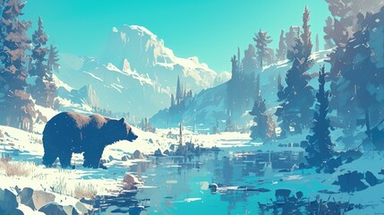 A majestic grizzly bear strolls through a picturesque pine forest dusted with snow in this stunning North inspired 2d illustration of wildlife