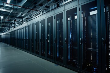 Naklejka premium Rows of servers fill a long building hallway in a data center