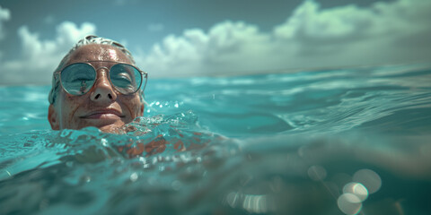 a middle-aged woman wearing sunglasses, enjoying a refreshing swim in crystal clear waters at the beach. Healing ritual to recover from stress and improve mental health.