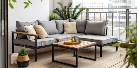 A gray outdoor use cushion sofa with metal table legs and dark brown wood grain top with black frame coffee table