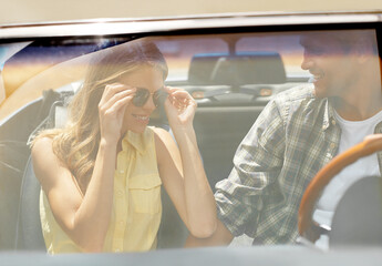 Road trip, sunglasses and travel with couple in car together for holiday, journey or vacation....