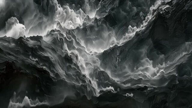 A striking black and white wave captured in motion, demonstrating the power and beauty of nature, A limitless abyss of potential on a black background