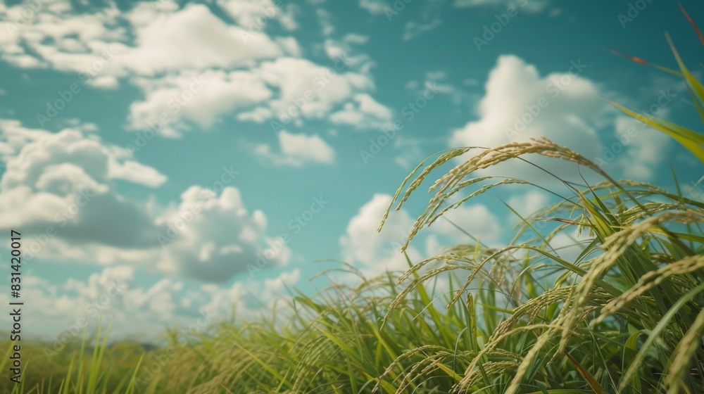 Poster close-up of rice stalks swaying in the breeze against a backdrop of blue sky and fluffy white clouds