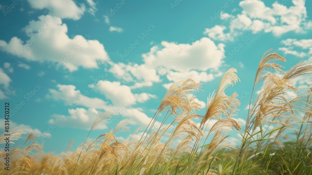 Aufkleber close-up of rice stalks swaying in the breeze against a backdrop of blue sky and fluffy white clouds