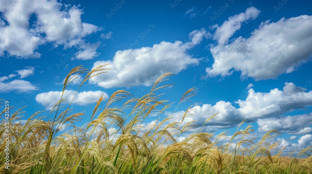 Poster close-up of rice stalks swaying in the breeze against a backdrop of blue sky and fluffy white clouds