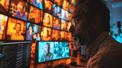 Man with headset in front of multiple screens showing video calls and codes, working in a control room or tech support environment.