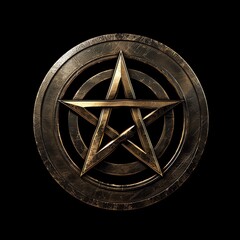 A brass metal logo of a pentagram shield on a black background