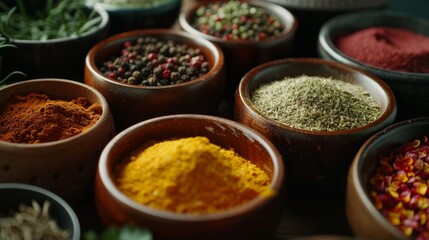 Fototapeta premium Close-up of spices and herbs arranged in bowls, ready to be used in cooking, adding flavor and aroma to dishes