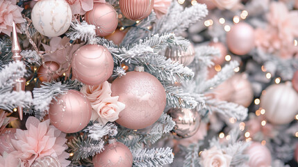 copy space, stockphoto, beautiful christmas tree decorated with gentle shades of blush pink ornaments and baubles, white tinsels. festive celebrate christmas eve background concept banner of xmas deco