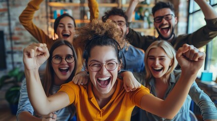 Group of excited young adults celebrating together indoors, showing joy and enthusiasm. Diverse friends enjoying a cheerful moment.