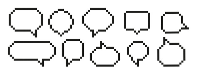 Pixel speech bubbles pack.  Illustration in 8 bit pixel art style.Text boxes for chats and games.