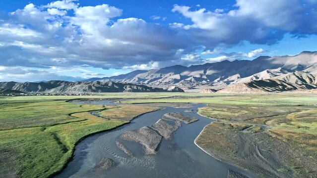 High-altitude lake in the Himalayas Tso Momriri from a drone, Ladakh