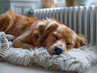 Pets, heating season. The dog is warming up near the heating battery. High quality photo. Generated by AI