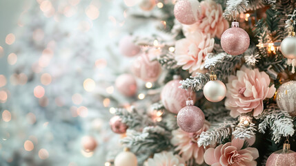 copy space, stockphoto, beautiful christmas tree decorated with gentle shades of blush pink ornaments and baubles, white tinsels. festive celebrate christmas eve background concept banner of xmas deco
