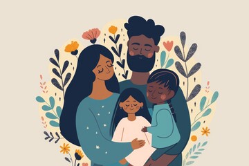 Illustration of a Happy, Embracing Family Surrounded by Floral Patterns - Ideal for Family Well-being Campaigns