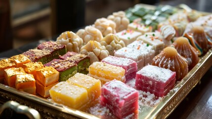 Colorful Indian sweets displayed in a traditional brass tray, including barfi, ladoo, and peda, offering a delightful end to an Indian meal