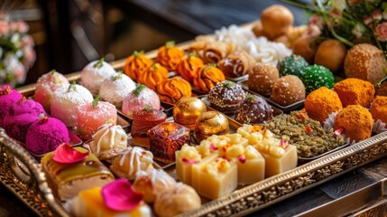 Colorful Indian sweets displayed in a traditional brass tray, including barfi, ladoo, and peda, offering a delightful end to an Indian meal