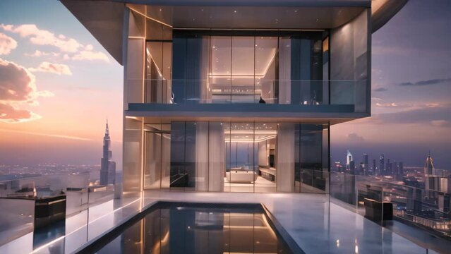 A very tall building towering over a pool in front, showcasing luxury and modern architecture, A luxury penthouse with a private elevator and panoramic city views