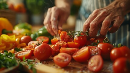 A person is skillfully cutting fresh tomatoes on a wooden cutting board