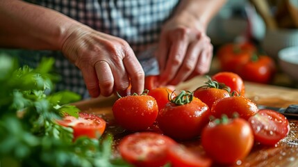A person efficiently chopping tomatoes on a wooden cutting board in a kitchen