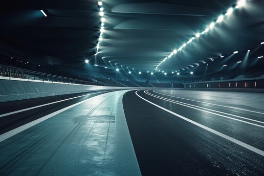 Olympic Indoor Velodrome Track at Night with Bright Stadium Lights and Empty Lanes Awaiting Cyclists