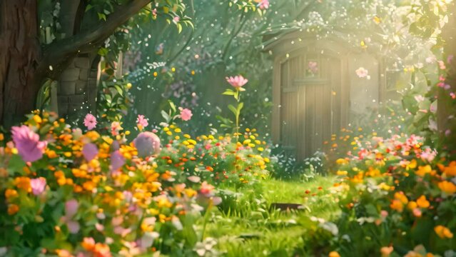 A vibrant garden teeming with colorful flowers and towering trees under a clear sky, A magical garden with talking animals and blooming flowers
