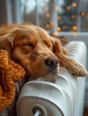 Pets, heating season. The dog is warming up near the heating battery. High quality photo. Generated by AI