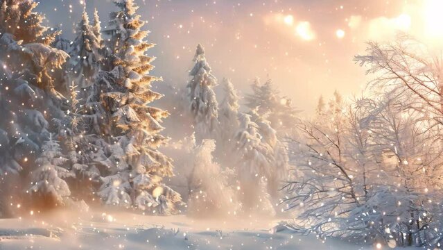 Snow-covered landscape with bare trees and falling snowflakes on a winter day, A magical winter wonderland with snowflakes falling gently from the sky