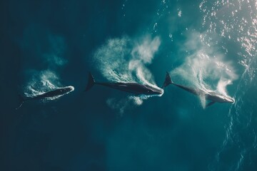Fototapeta premium Majestic whales surfacing and creating water spray in the deep blue ocean