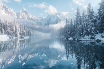 Mountains landscape in Scandinavia winter season with snow and cinematic colors and blue sky.