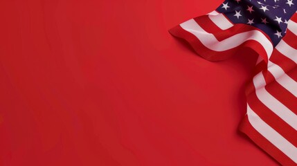 Close-up of American flag on red background with flowing fabric. Perfect for patriotic themes and Independence Day celebrations.