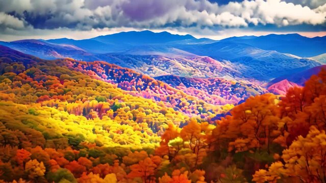 Vibrant autumn colors cover the majestic Blue Ridge Mountains, A majestic mountain range ablaze with the vibrant colors of fall