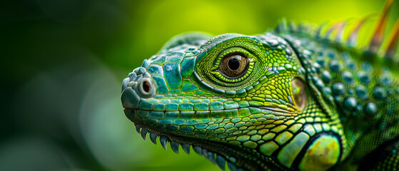 Fototapeta premium Head shot closeup of Green Crested Lizard.