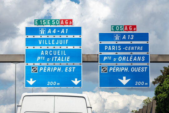 Highway road signs Paris, driving in heavy traffic on ring road of capital of France, traffic jam problems in Paris