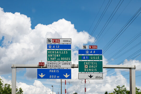 Driving on highway and road signs to Paris and other French cities, different types or roads in  France, transportation and traffic