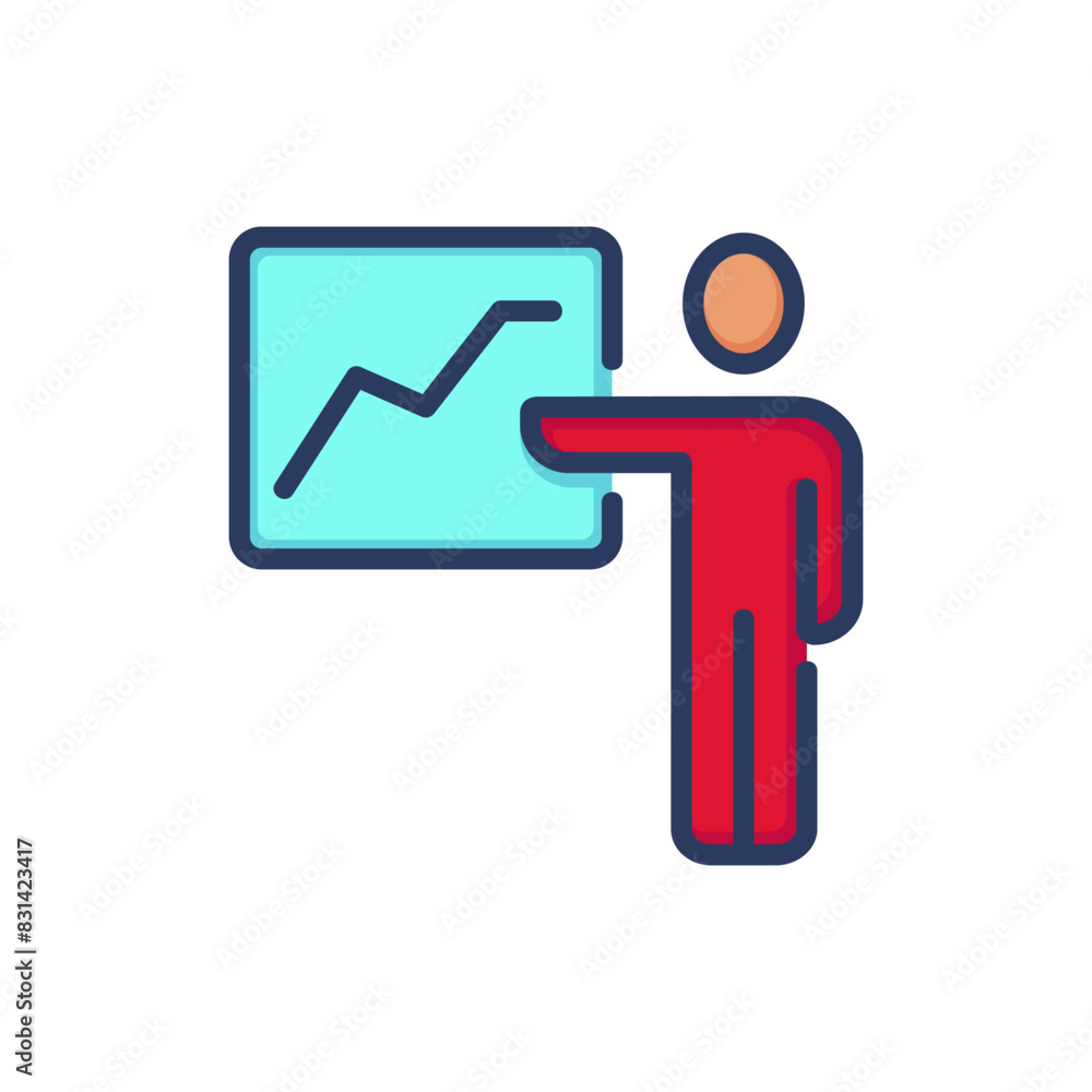 Poster project presentation line icon. speaker pointing hand at chart on board isolated outline sign. meeti