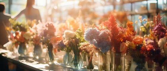 Floral shop display showcasing colorful bouquets Double exposure silhouette with flowers