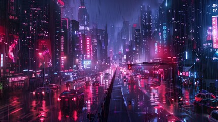 Futuristic City at Night With Neon Lights.