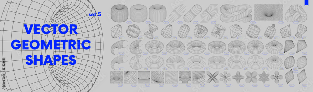 Poster Collection of strange wireframes vector 3d geometric shapes, distortion and transformation of figure, set of different linear form inspired by brutalism, graphic design elements, set 5