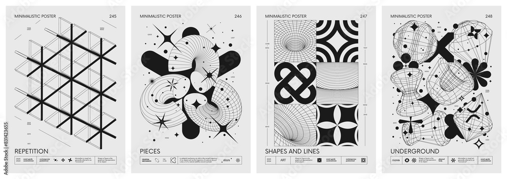 Poster brutalist style vector minimalistic posters with silhouette basic figures, retro futuristic graphic 