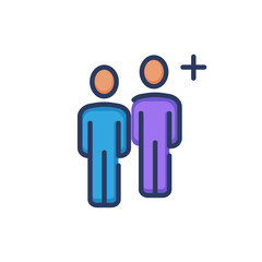 Two team members and add symbol line icon. Team, community, plus, cross isolated outline sign. People, human resource, community concept. Vector illustration for web design