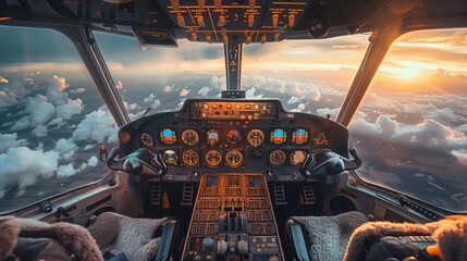 Sunset View of Cockpit in Plane Image