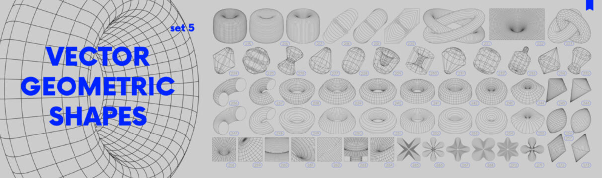 Collection of strange wireframes vector 3d geometric shapes, distortion and transformation of figure, set of different linear form inspired by brutalism, graphic design elements, set 5