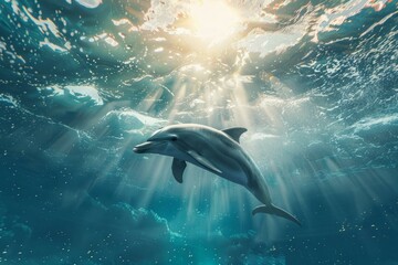 Obraz premium A single dolphin glides through blue water, illuminated by radiant sunbeams from above