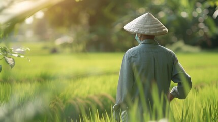 Farmer in traditional attire walking through lush green paddy fields, inspecting the ripening rice crop with a sense of pride and anticipation
