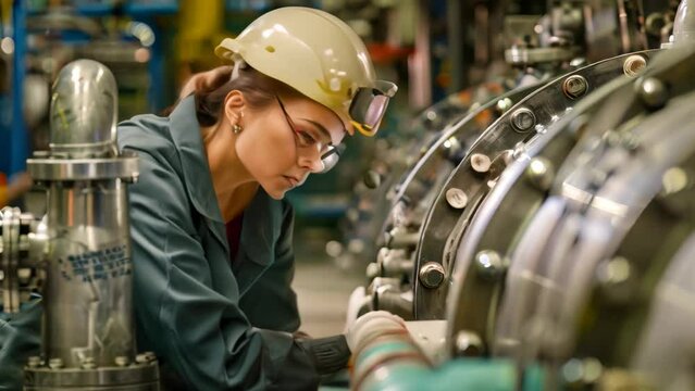 Mechanical engineer wearing hard hat working on industrial equipment, A mechanical engineer working on industrial equipment in a factory setting